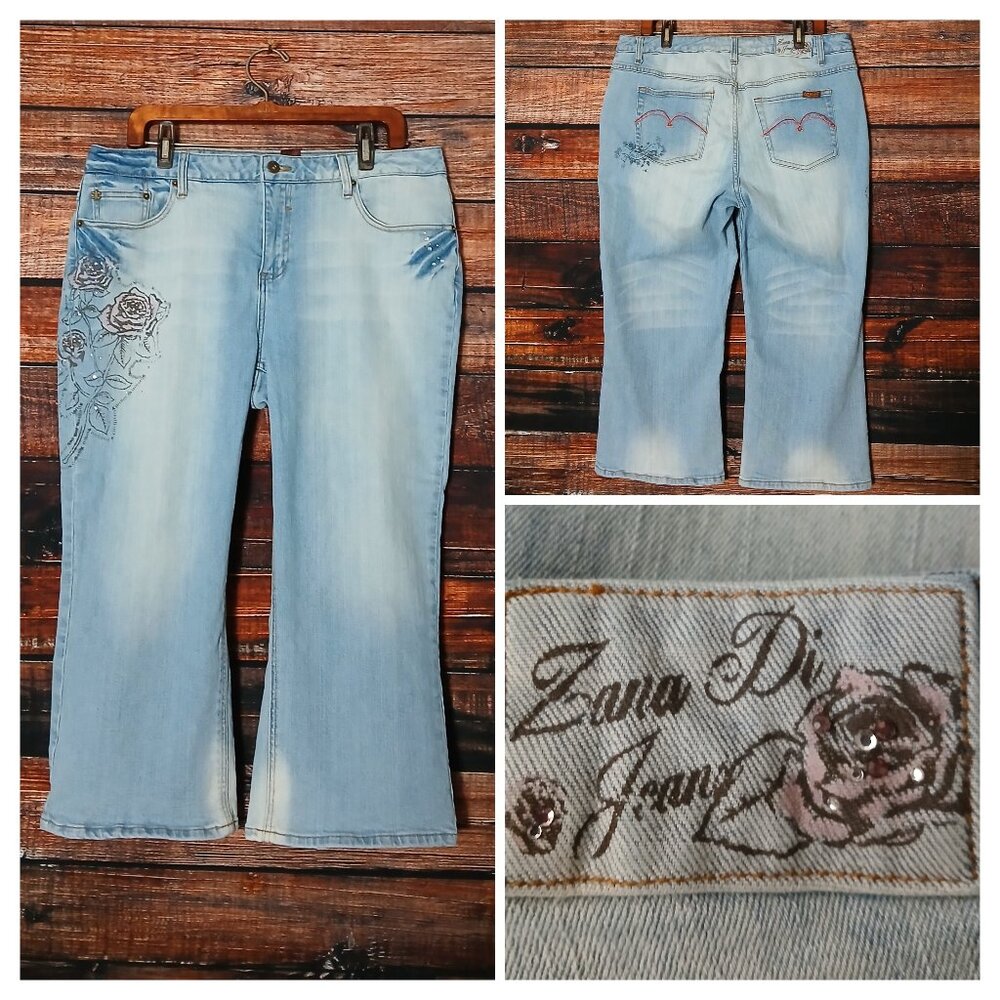 Zana Di Vintage Jeans Size 18 Capri Embellished Light Wash Denim Stretch